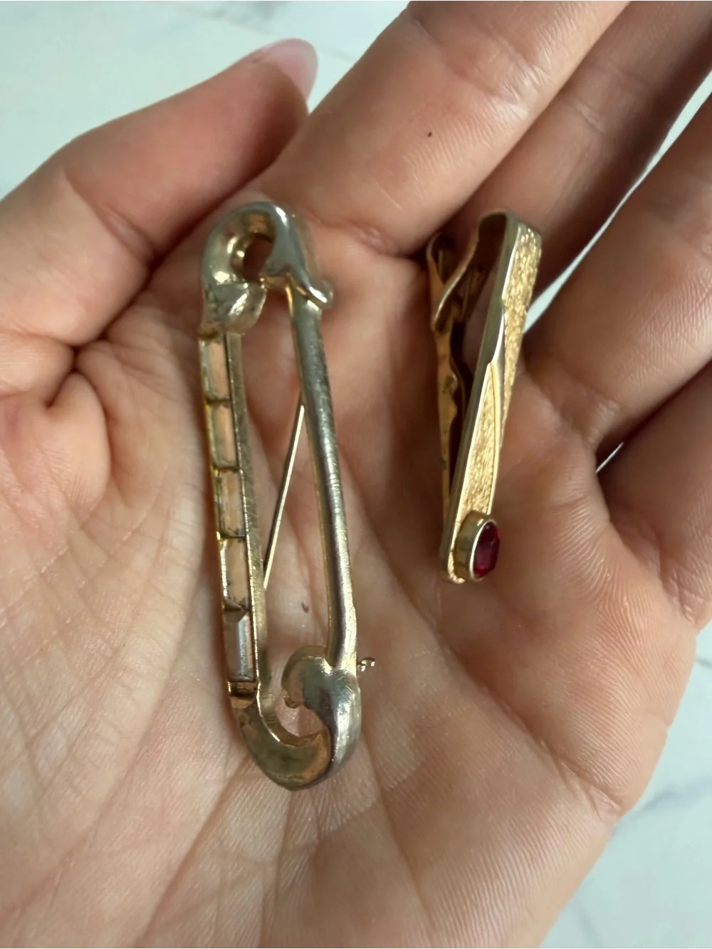 Vintage Gold-Tone Safety Pin and Clip Jewelry Set with Red Accent
